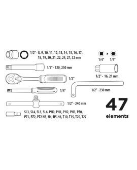 Klucze nasadowe Top Tools 1/4", 1/2" zestaw 47 sztuk