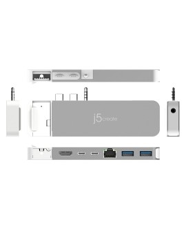 j5create JCD395 Przewodowa USB 3.2 Gen 2 (3.1 Gen 2) Type-C Szary, Biały