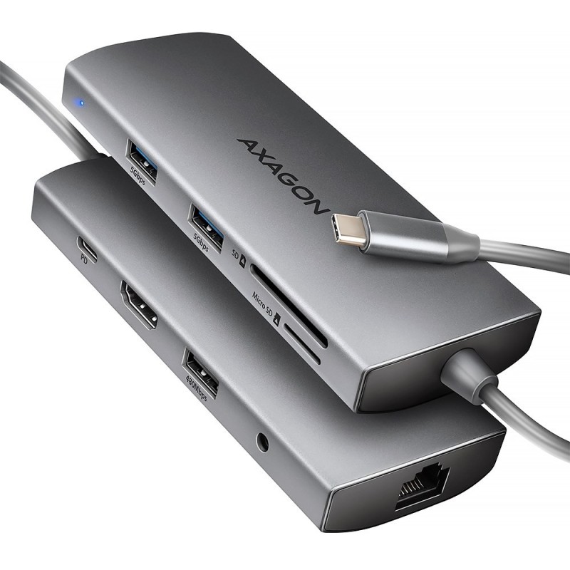 AXAGON HMC-8HLSA Wieloportowy koncentrator USB-C 3.2 Gen 1, 3x USB-A + 4K/60Hz HDMI + SD/microSD, Gigabit LAN, Audio, PD 100W -