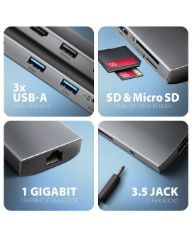 AXAGON HMC-8HLSA Wieloportowy koncentrator USB-C 3.2 Gen 1, 3x USB-A + 4K/60Hz HDMI + SD/microSD, Gigabit LAN, Audio, PD 100W -