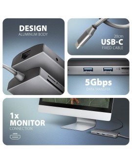 AXAGON HMC-8HLSA Wieloportowy koncentrator USB-C 3.2 Gen 1, 3x USB-A + 4K/60Hz HDMI + SD/microSD, Gigabit LAN, Audio, PD 100W -