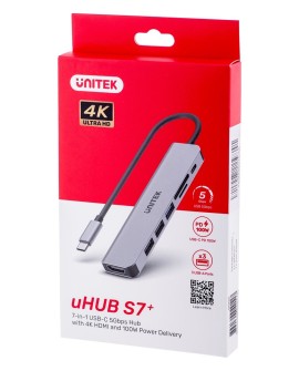 UNITEK HUB USB-C 7W1, HDMI 4K, PD 100W, 5GBPS, ALU