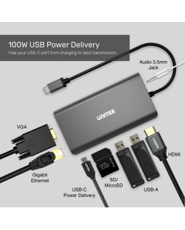 UNITEK HUB 8W1 USB3.1 TYP-C, PD 100W, D1019A
