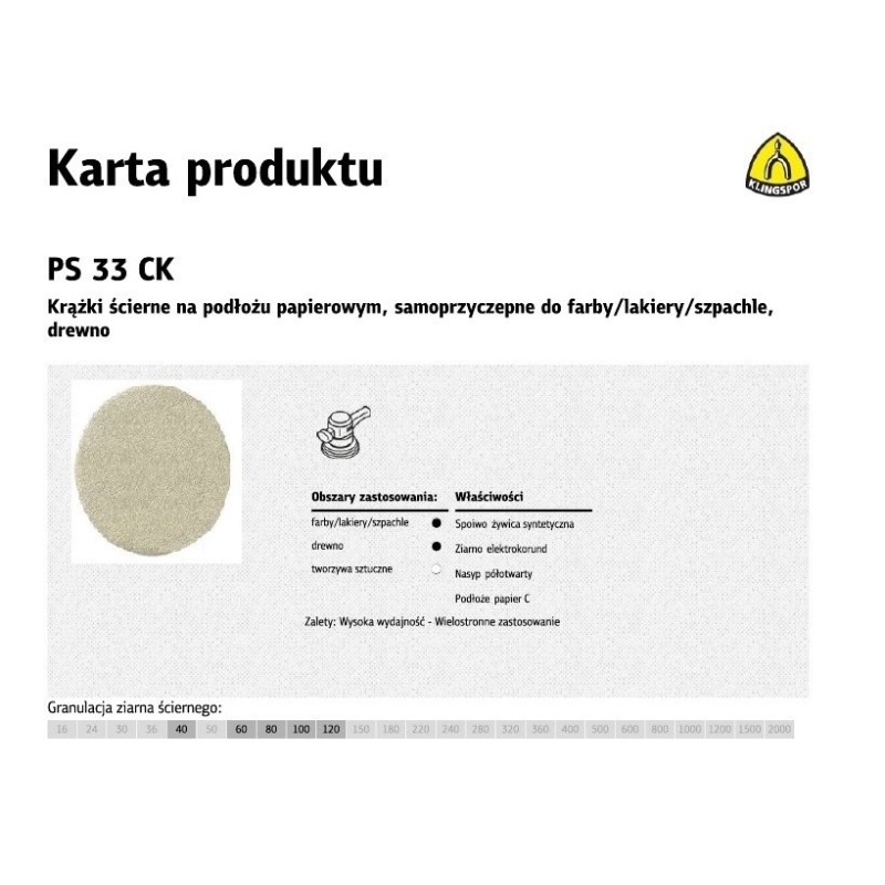 KLINGSPOR KRĄŻEK ŚCIERNY SAMOPRZYCZEPNY 225mm PS33CK gr. 60 /50szt.