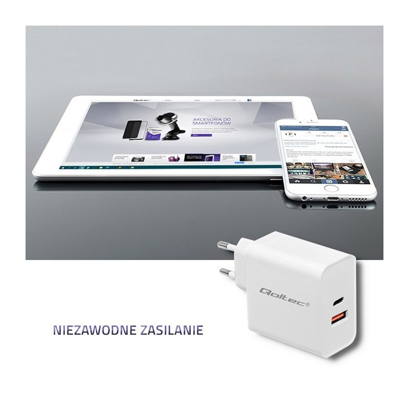 Qoltec 51715 Ładowarka sieciowa | 63W | 5-20V | 1.5-3A | USB typ C PD | USB QC 3.0 | Biała