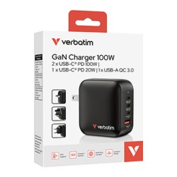 Verbatim, Mini ładowarka GaN USB 3.0, USB C, szara, 100 W, wymienne końcówki  C,G,A