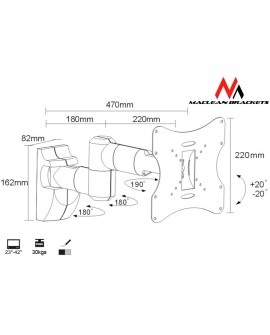 Uchwyt ścienny do monitora Maclean MC-503S (Obrotowy, ścienne, Uchylny 23" - 42" max. 30kg)
