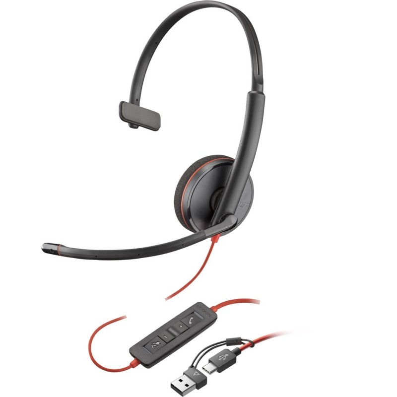Poly Blackwire 3210 Monaural USB-C Headset +USB-C/A Adapter