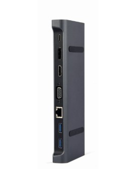 GEMBIRD MULTI ADAPTER USB TYP-C 9W1 (HUB3.0 + HDMI + DISPLAYPORT + VGA + PD + LAN + DŹWIĘK STEREO), SZARY