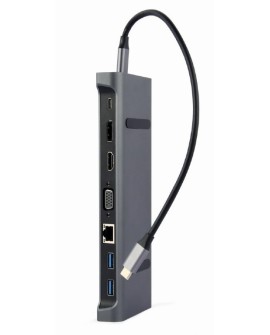 GEMBIRD MULTI ADAPTER USB TYP-C 9W1 (HUB3.0 + HDMI + DISPLAYPORT + VGA + PD + LAN + DŹWIĘK STEREO), SZARY