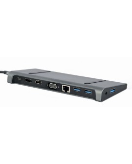 GEMBIRD MULTI ADAPTER USB TYP-C 9W1 (HUB3.0 + HDMI + DISPLAYPORT + VGA + PD + LAN + DŹWIĘK STEREO), SZARY