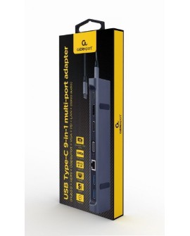 GEMBIRD MULTI ADAPTER USB TYP-C 9W1 (HUB3.0 + HDMI + DISPLAYPORT + VGA + PD + LAN + DŹWIĘK STEREO), SZARY