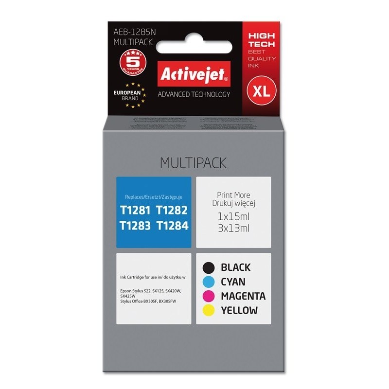 Activejet AEB-1285N Tusz (zamiennik Epson T1281, T1282, T1283, T1284 Supreme 1 x 15 ml, 3 x 13 ml czarny, czerwony, niebieski,