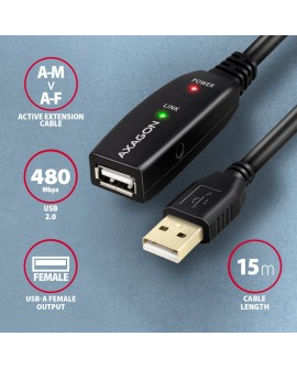 Axagon ADR-215 USB 2.0 A-M - A-F active extension/repeater cable 15m - Kabel - Digital/Daten kabel USB USB A Czarny