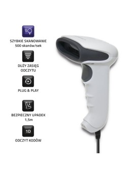 Qoltec 50865 Czytnik kodów kreskowych 1D | CCD | USB | Biały