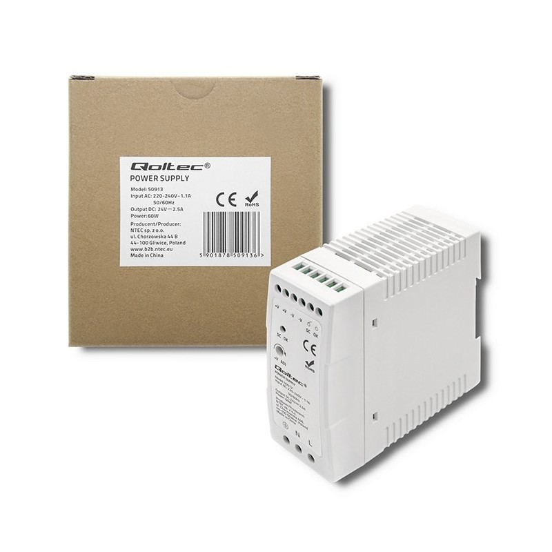 Zasilacz na szynę DIN Qoltec 50913 60W 24V 2.5A Biały Slim