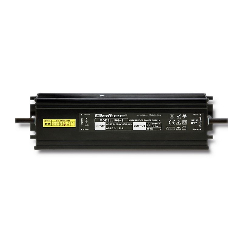 Qoltec Zasilacz impulsowy LED IP67 | 150W | 12V | 12.5A | Wodoodporny | Czarny