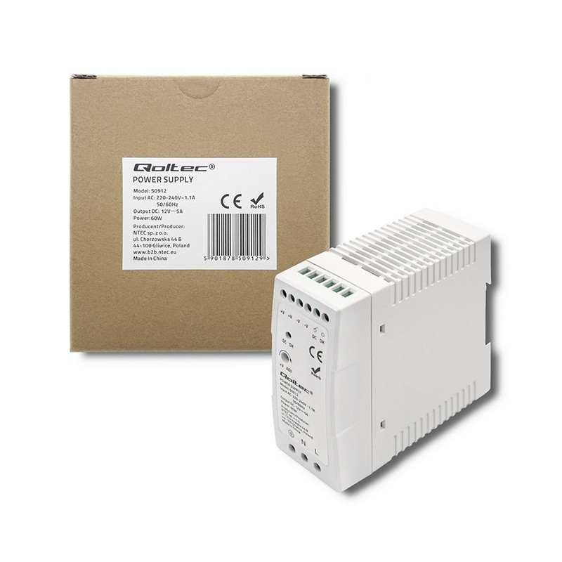 Qoltec Zasilacz na szynę DIN | 60W | 12V | 5A | Biały | Slim