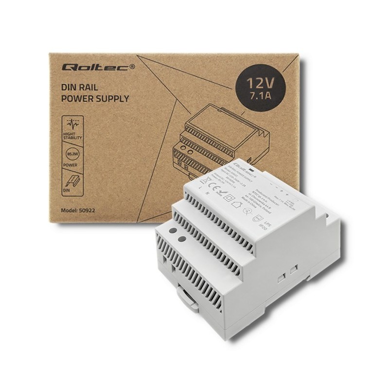 Qoltec Zasilacz na szynę DIN | 85.2W | 12V | 7.1A | Szary