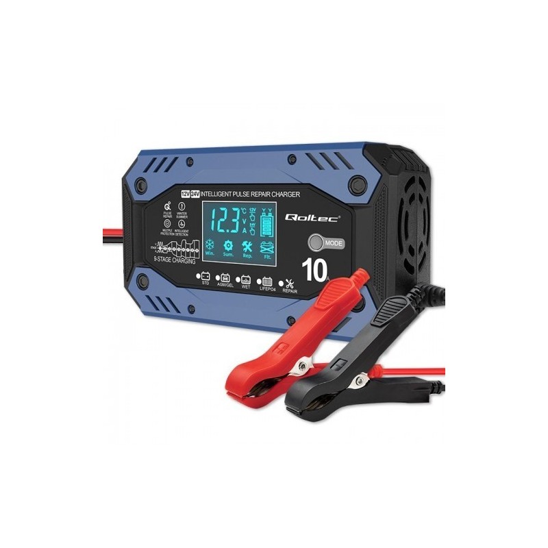 QOLTEC ŁADOWARKA DO AKUMULATORA STD AGM GEL LIFEPO4 | PROSTOWNIK Z FUNKCJĄ NAPRAWY | 12-24V | 10A | LCD|9-STOPNIOWE ŁADOWANIE
