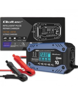 QOLTEC ŁADOWARKA DO AKUMULATORA STD AGM GEL LIFEPO4 | PROSTOWNIK Z FUNKCJĄ NAPRAWY | 12-24V | 10A | LCD|9-STOPNIOWE ŁADOWANIE