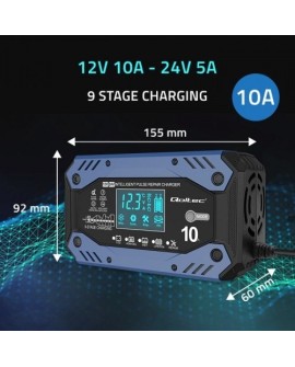 QOLTEC ŁADOWARKA DO AKUMULATORA STD AGM GEL LIFEPO4 | PROSTOWNIK Z FUNKCJĄ NAPRAWY | 12-24V | 10A | LCD|9-STOPNIOWE ŁADOWANIE