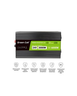 GREEN CELL PRZETWORNICA LCD 24V/230V 3000W/6000W CZYSTY SINUS INVGC24P3000LCD