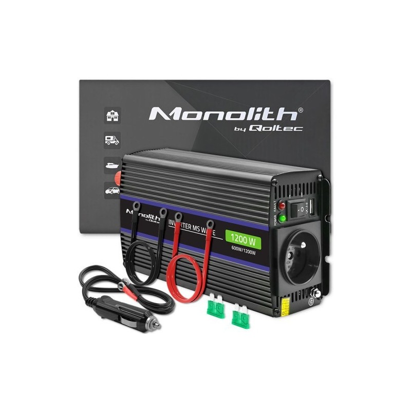QOLTEC PRZETWORNICA NAPIĘCIA MONOLITH 1200 MS WAVE | 12V NA 230V | 600/1200W | USB