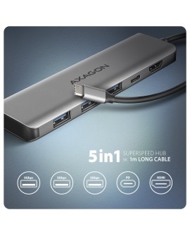Axagon HMC-5H USB-C 3.2 Gen 1 hub 3x USB-A 4K HDMI PD 100W - Silber Przewodowa USB 3.2 Gen 1 (3.1 Gen 1) Type-C Srebrny