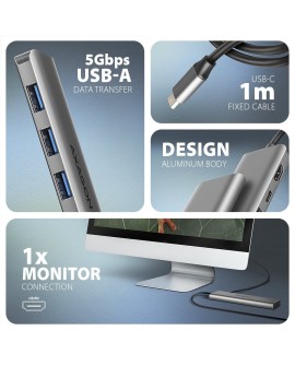 Axagon HMC-5H USB-C 3.2 Gen 1 hub 3x USB-A 4K HDMI PD 100W - Silber Przewodowa USB 3.2 Gen 1 (3.1 Gen 1) Type-C Srebrny