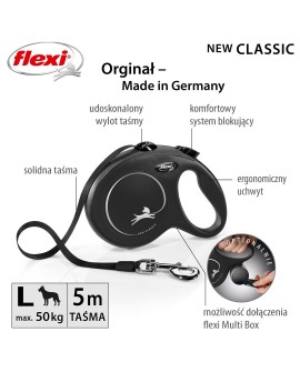 Smycz flexi automatyczna New Classic L taśma 5m - dla psa do 50kg, kolor: czarny