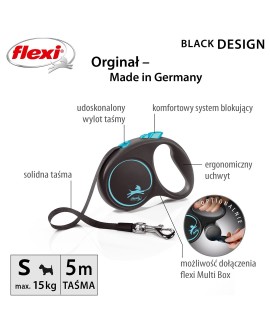 Smycz flexi automatyczna Black Design S taśma 5 m - dla psa do 15 kg, kolor niebieski