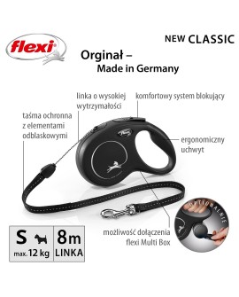 Smycz flexi automatyczna New Classic S linka 8 m - dla psa do 12 kg, kolor czarny