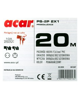 ACAR-Przedłużacz 20M bez uziem.PS-2P 2X1 pomarańczo