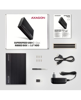 AXAGON EE35-GTR USB-C 3.2 Gen 1 - SATA 6G, Obudowa Zewnętrznego Dysku Twardego 3.5", Ryflowana - Czarna