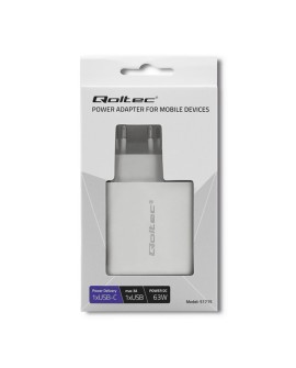 Qoltec 51715 Ładowarka sieciowa | 63W | 5-20V | 1.5-3A | USB typ C PD | USB QC 3.0 | Biała