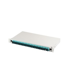 Panel krosowy FO z wyposażeniem 19'' 1U, 24x SC dx, OM3, adaptery, wysuwany, szary