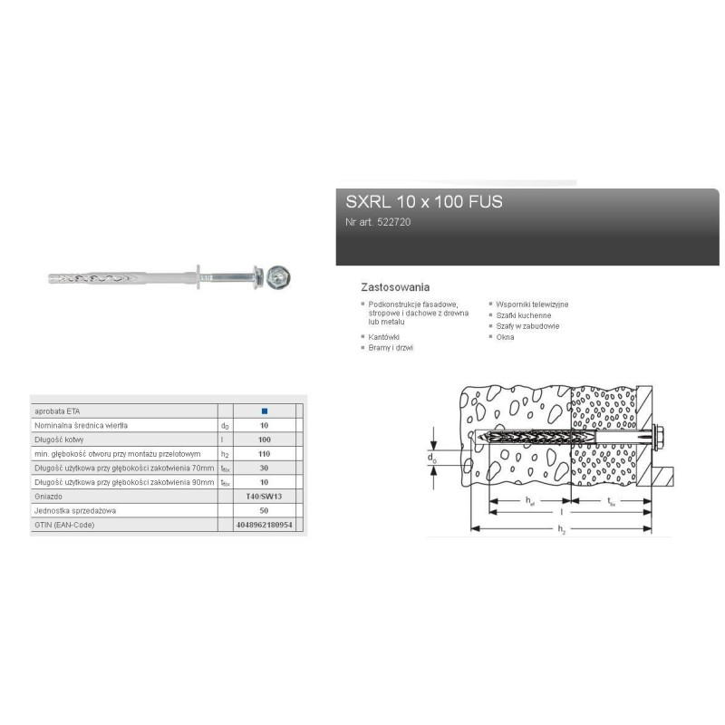 FISCHER KOŁEK ROZP.SXRL 10x100 FUS/50szt T40/SW13.