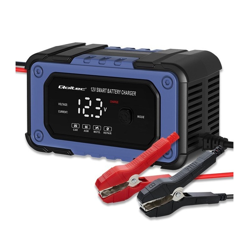 Qoltec 52483 Prostownik do akumulatora z funkcją naprawy | Inteligentna mikroprocesorowa ładowarka| 12V | 6A | LED | 4 tryby