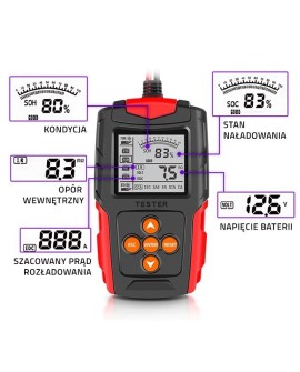 QOLTEC TESTER AKUMULATORA Z WYŚWIETLACZEM LCD |12V | 24V | 3AH-200AH