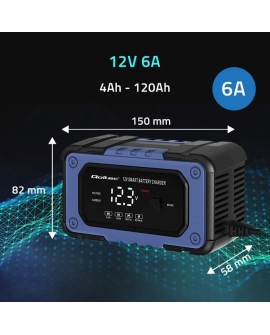 Qoltec 52483 Prostownik do akumulatora z funkcją naprawy | Inteligentna mikroprocesorowa ładowarka| 12V | 6A | LED | 4 tryby
