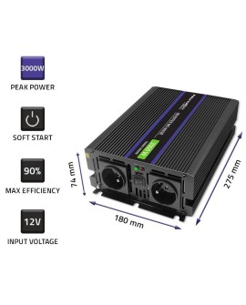 Qoltec Przetwornica napięcia Monolith 3000 MS Wave | 12V na 230V | 1500/3000W | USB