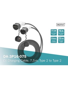 Digitus Kabel do ładowania pojazdów elektrycznych EV, Typ2-Typ2, trójfazowy 400V, 16A, 11kW, 7,5m