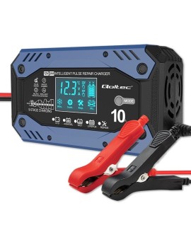 Qoltec 52482 Inteligentna ładowarka do akumulatora STD AGM GEL LiFePO4 | Prostownik z funkcją naprawy |12-24V |10A | LCD | 9 -