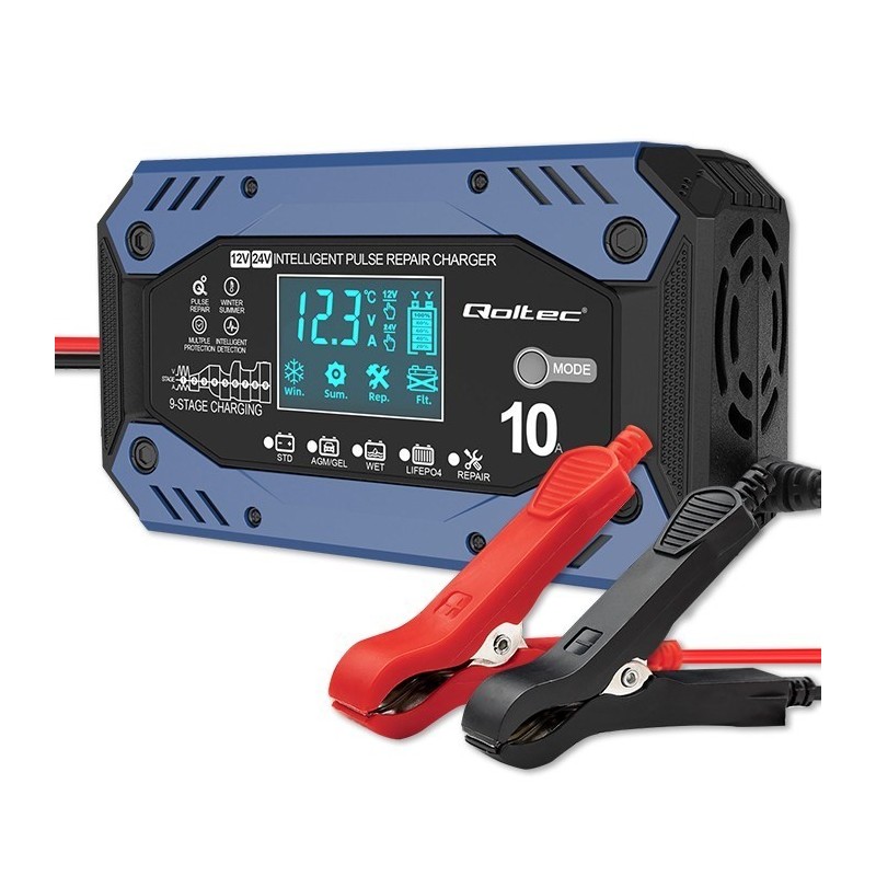 Qoltec 52482 Inteligentna ładowarka do akumulatora STD AGM GEL LiFePO4 | Prostownik z funkcją naprawy |12-24V |10A | LCD | 9 -