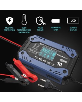Qoltec 52482 Inteligentna ładowarka do akumulatora STD AGM GEL LiFePO4 | Prostownik z funkcją naprawy |12-24V |10A | LCD | 9 -
