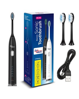 Szczoteczka soniczna do zębów Promedix, kolor czarny,, 5 trybów, timer, wskaźnik poziomu nał. baterii, 2 końcówki, kabel USB, P