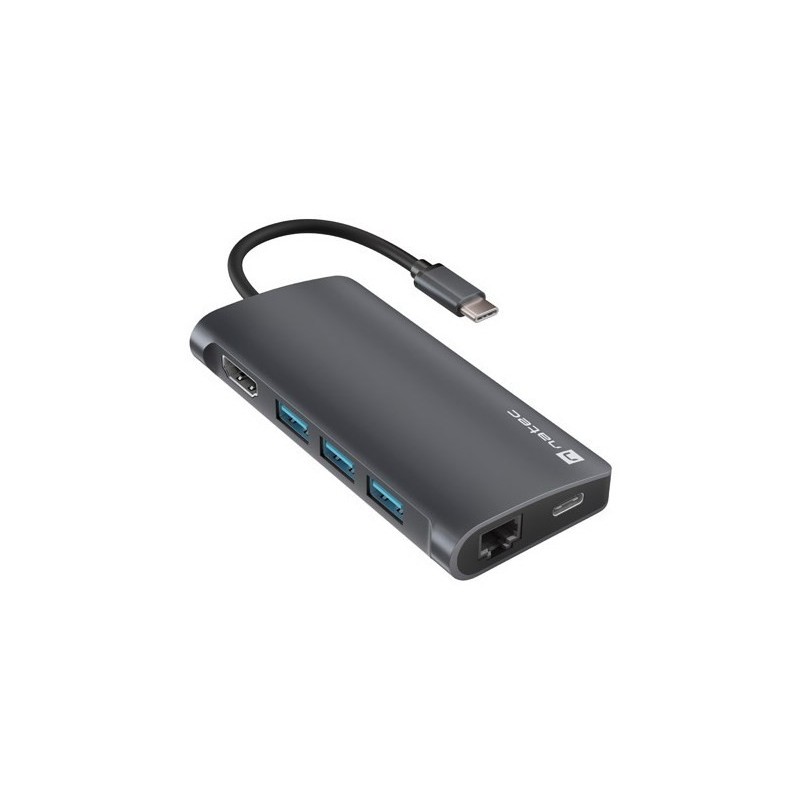 MULTIPORT ADAPTER NATEC FOWLER 2 V2 USB-C 8W1 HUB - USB 3.0 3X, HDMI 4K, USB-C, RJ45, SD, MICRO SD
