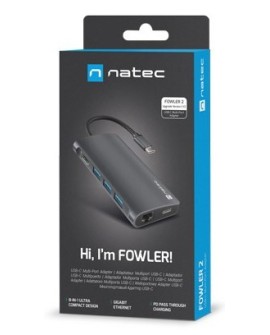 MULTIPORT ADAPTER NATEC FOWLER 2 V2 USB-C 8W1 HUB - USB 3.0 3X, HDMI 4K, USB-C, RJ45, SD, MICRO SD