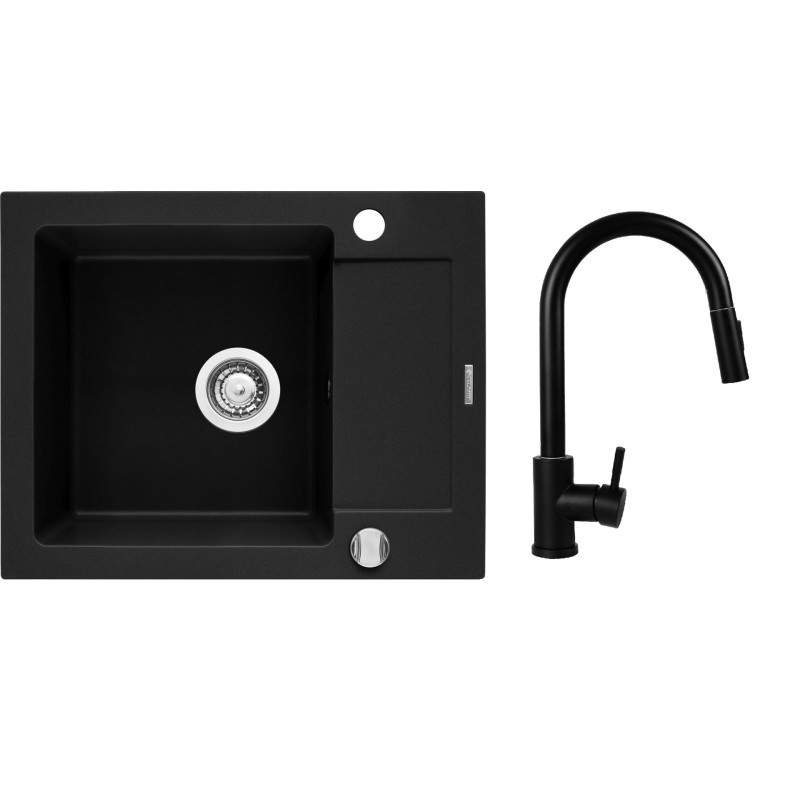 Czarny zestaw zlew z baterią - Zlewozmywak PYRAMIS MIDO (62x50) 1B 1D Volcano + Bateria IDEA Black Edition Volcano 070167602BE